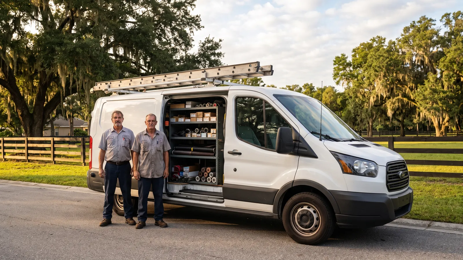 Two garage door technicians beside their service van on a residential street in Ocala, Florida, with live oaks and a wooden horse-farm fence behind them
